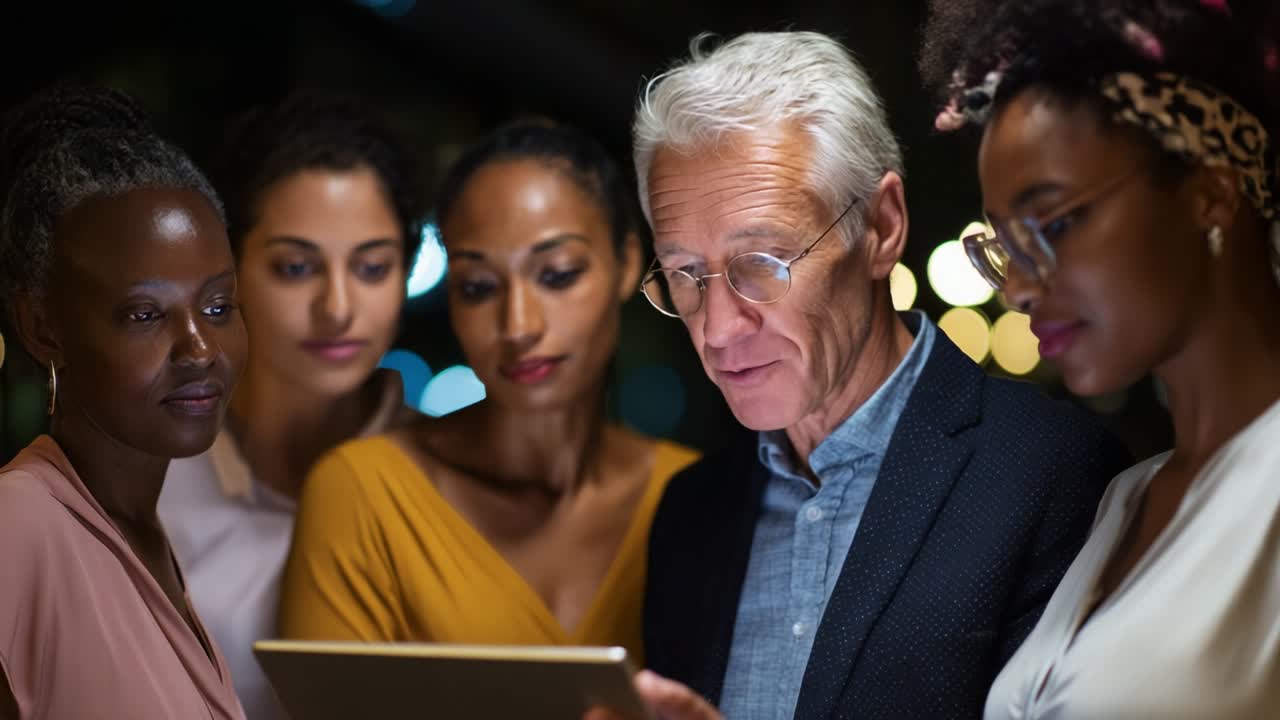 Un gruppo eterogeneo di persone si è riunito di notte, concentrato intensamente su un tablet. L'uomo più anziano condivide informazioni mentre le donne lo guardano con curiosità e coinvolgimento, a dimostrazione di unione e collaborazione.