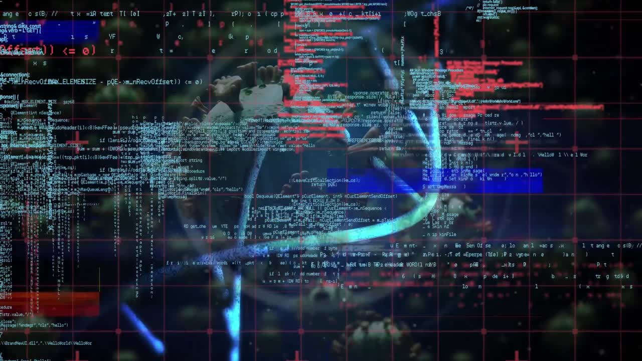 animación de una barra multicolor con molécula de adn, células cancerosas, texto de evidencia y texto de programación