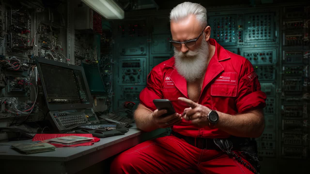 A Wise Man in a Red Jumpsuit Uses His Smartphone in a High-Tech Control Room Surrounded by Electronic Equipment and Displays, Reflecting a Blend of Experience and Modern Technology