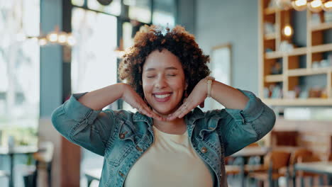 happy, face and woman entrepreneur in a coffee