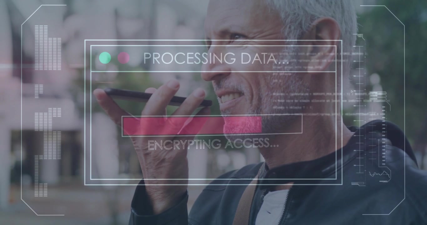 Senior man speaking into phone on sidewalk, activating tech GUI processing data with progress bar