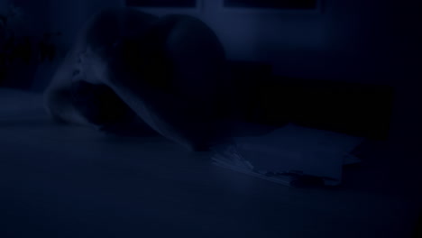 lucha económica ira y desesperación, hombre escondiendo la cara en la palma de las manos por la noche