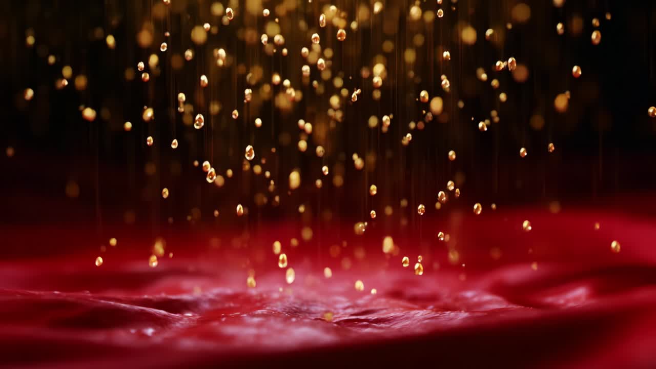 Captivating Close-Up of Glittering Raindrops Falling onto a Rich Red Surface, Creating a Dazzling Display of Light and Color in a Stunning Visual Composition of Beauty and Elegance