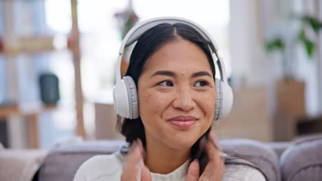 woman, music and headphones in home for listening