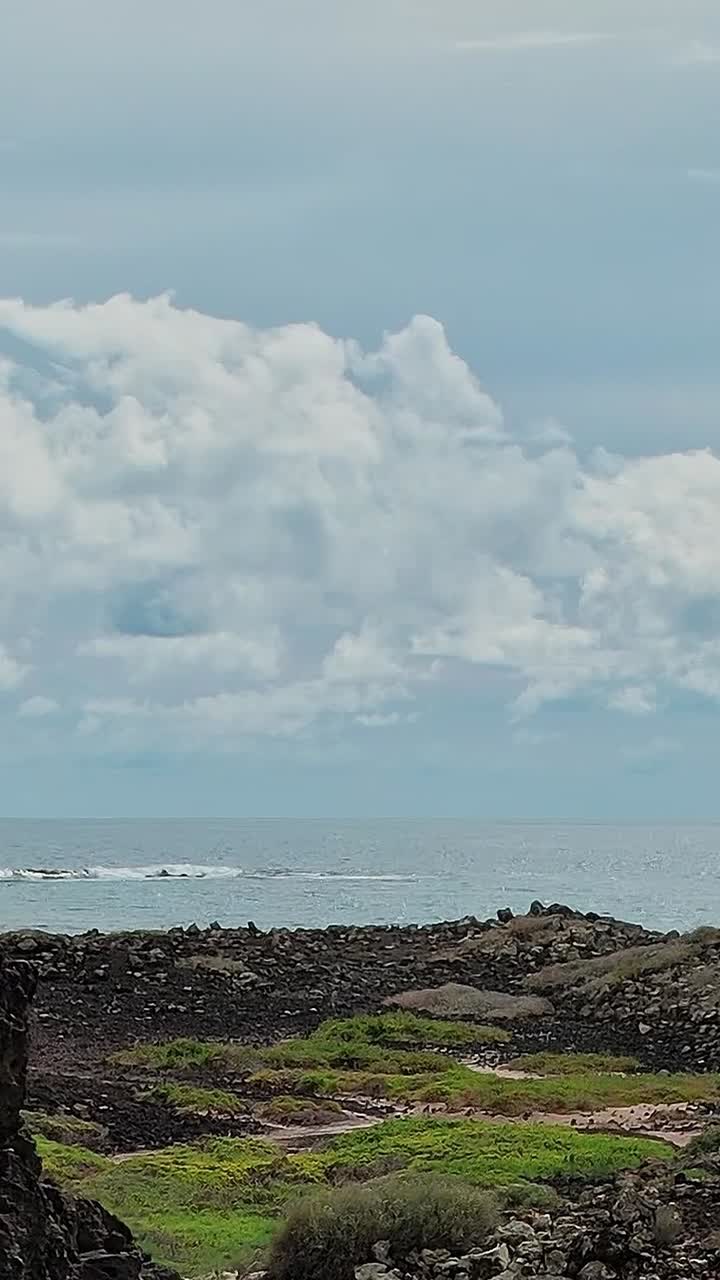 Vista costiera con rocce e oceano nelle Isole Canarie, Spagna, in una giornata nuvolosa.