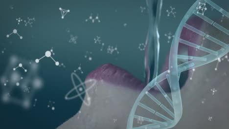 animación de cadena de adn y moléculas sobre la mujer caucásica bebiendo agua