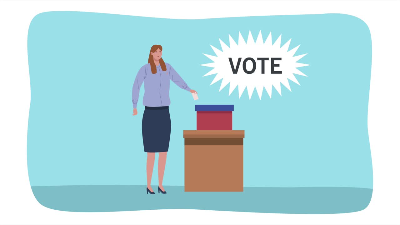 여성과 투표 상자를 가진 선거 날 애니메이션