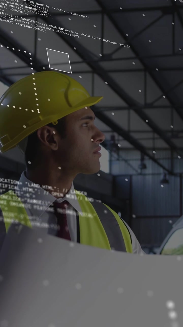 Vertical video: Site engineer holding plans in hangar, AR markers appearing and guiding truss scan