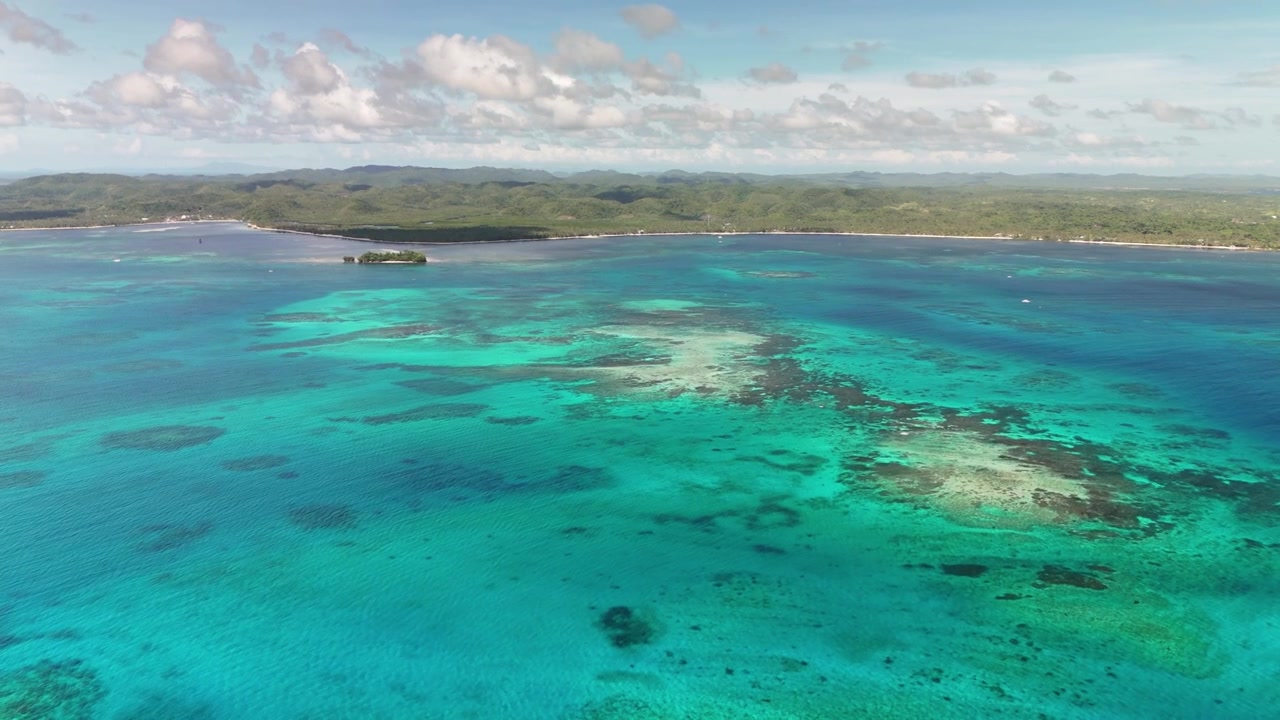 Splendida ripresa aerea con drone dall'alto su un vasto sistema di barriera corallina turchese e poco profondo lungo una costa di spiaggia di un'isola tropicale lussureggiante e alberata nelle Filippine sotto un cielo soleggiato.