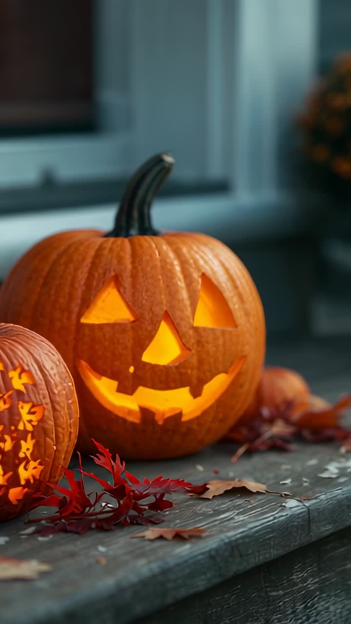 Video verticale: luce di candela tremolante, carrellata della telecamera con zoom sul volto di zucca illuminato su una panchina