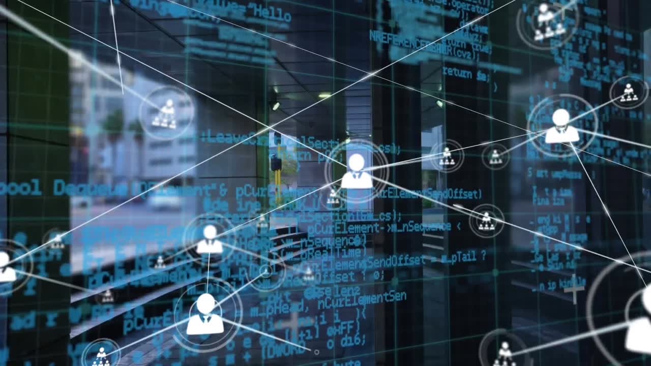 Animation of network of connections with icons and data processing over cityscape