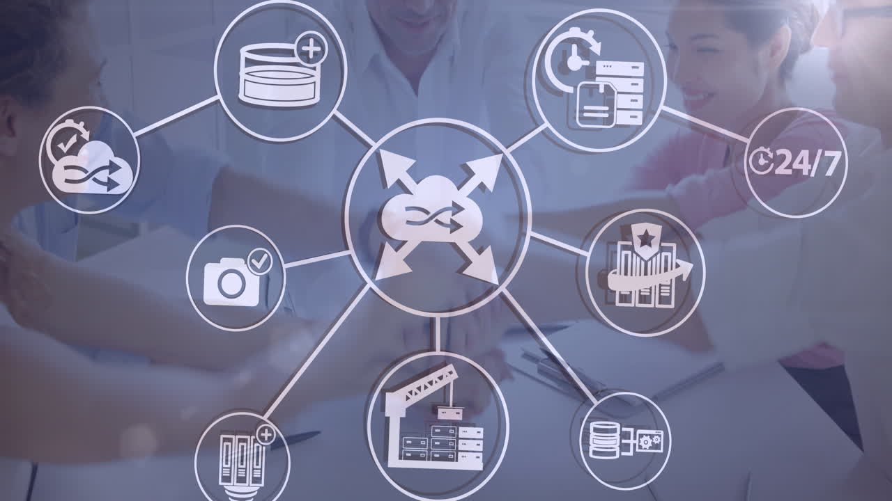 animación de iconos sobre un grupo caucásico de personas de negocios