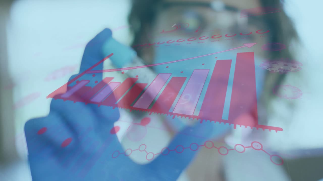 animazione di interfaccia digitale che mostra le statistiche con lo scienziato in possesso del vaccino contro il covid-19 che indossa il fa