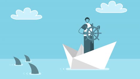 cartoon man sailing away on paper boat from three sharks attack. flat design 2d character isolated loop animation