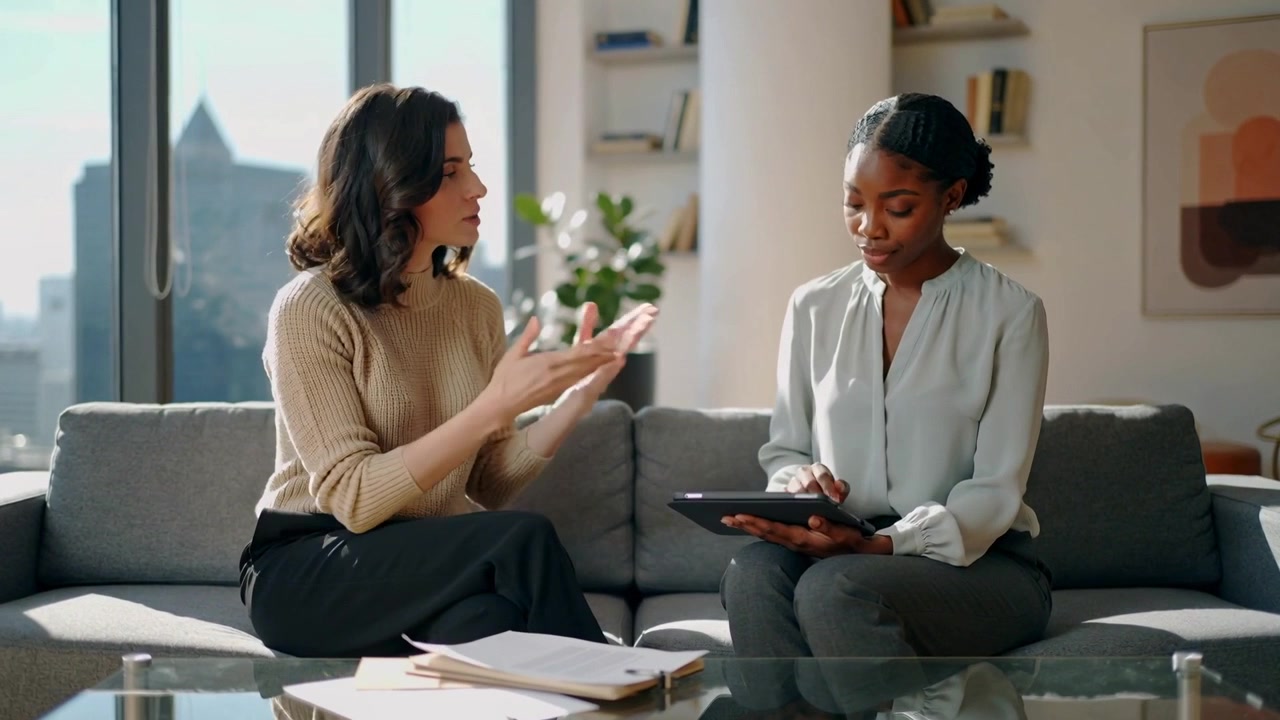 Reaching left woman beige-knit reviewing papers on gray sofa with right woman tapping tablet