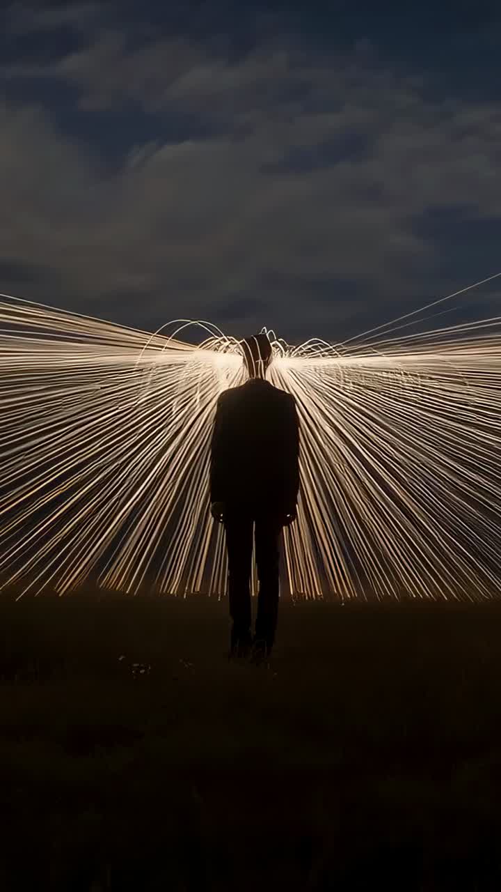 Vertical video: Standing man in coat at dusk in field, spinner offscreen creating sparks for effect