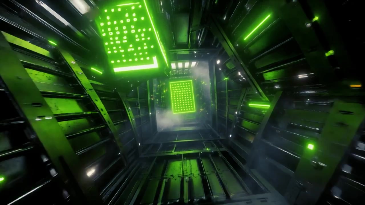 Futuristic Sci-Fi Corridor with Glowing Green Lights and Fog