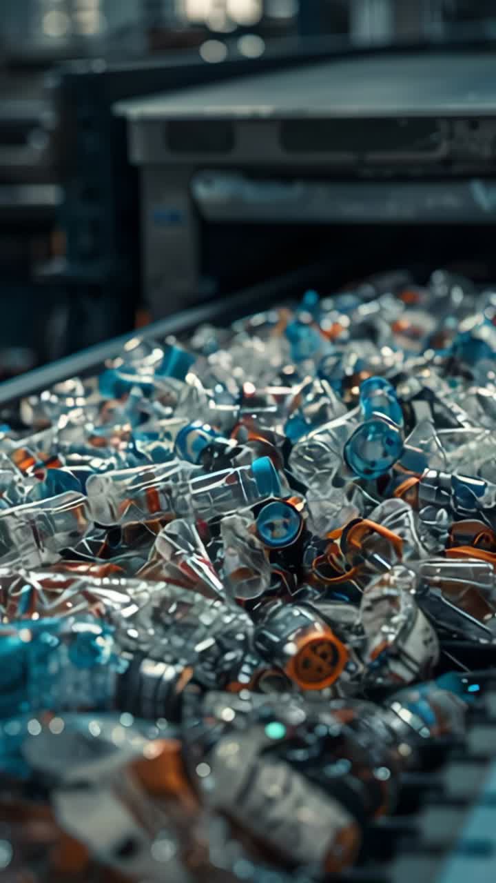 Vertical video: Belt vibrating, blue-orange capped vials rolling under machine enabling inspection