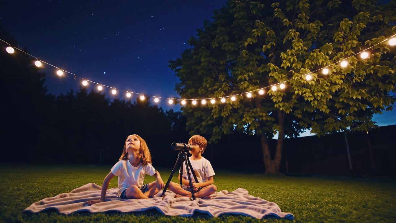 Low-angle video shot of two children on a blanket under string lights, using a telescope in a serene