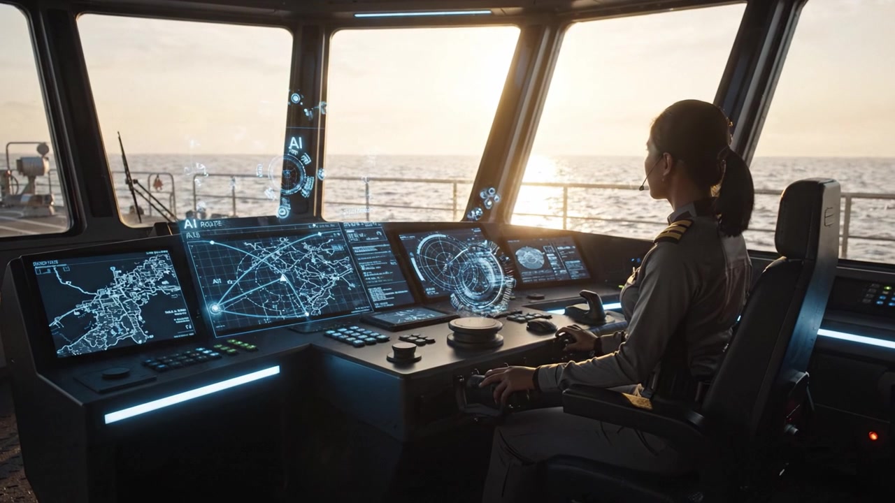 Передовая навигационная технология: морской офицер анализирует сложные дисплеи данных на мостике судна с интеграцией ИИ и функциями подключения.