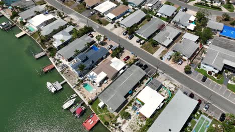 luxury houses with private river access and swimming pool in treasure island, florida. aerial top down flyover. sunny day in noble neighborhood of united states