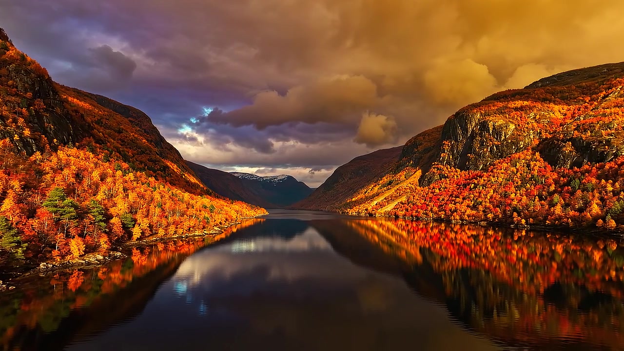 Breathtaking Mountain Fjord Reflection During Golden Autumn Sunset