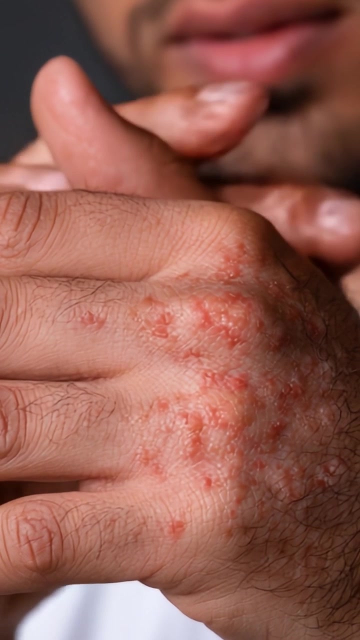 Esplorando le Condizioni della Pelle: Esame Ravvicinato di una Condizione Infiammatoria della Mano che Evidenzia Segni Rossi e Variazioni di Texture sulla Superficie Cutanea