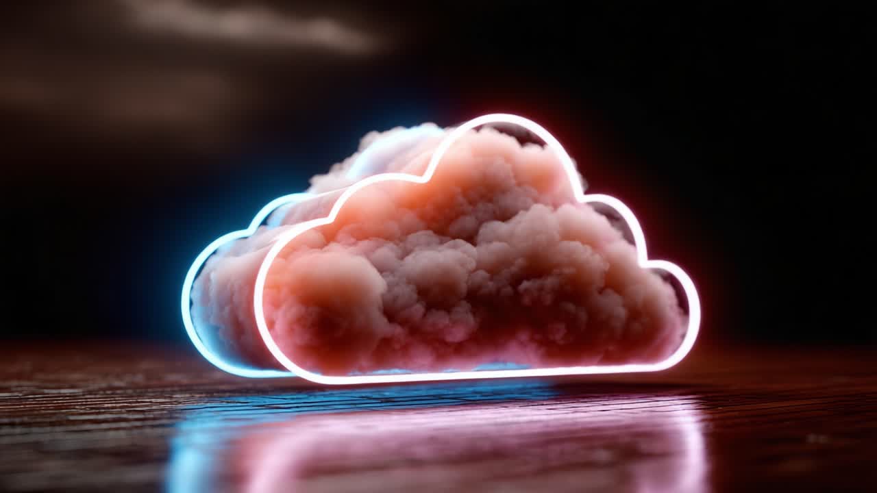 A stunning visual representation of a stylized cloud shape illuminated with dynamic neon colors, showcasing an interplay between light and texture in a dark setting