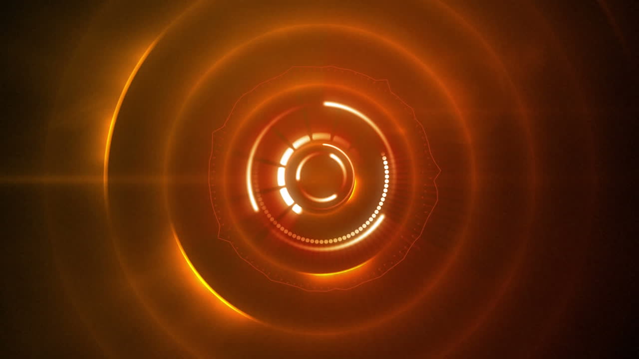 Animation of multiple shiny and orange circles spinning on black background