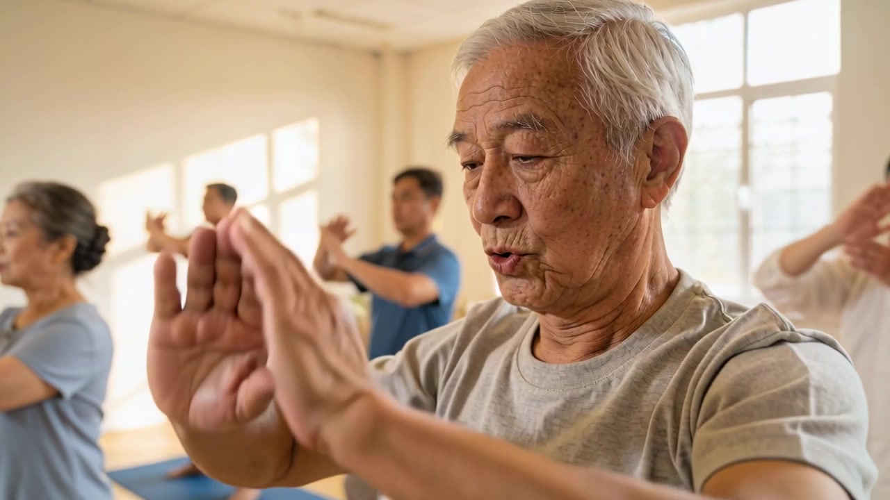 Tæller åndedræt, ældre person i grå t-shirt leder langsom armrutine på yogamåtter i studie for balance.
