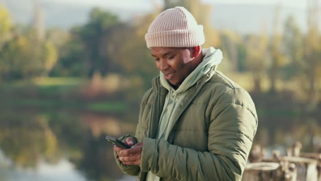 Camping,-text-and-black-man-in-a-forest-on-social