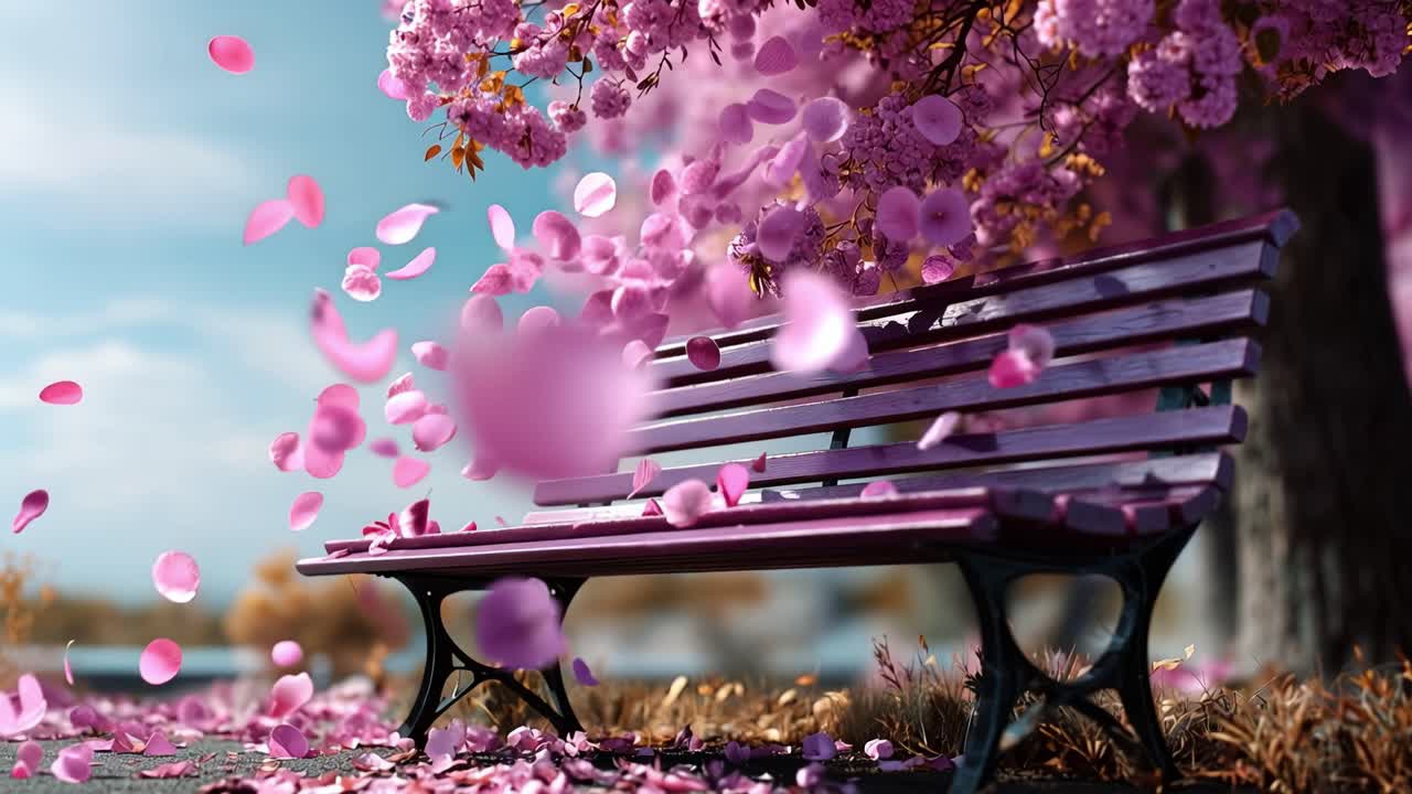 Soft pink petals drift gently around a quiet bench. Sunlight glows warmly through blossoming branches. The scene whispers peace, calm, and fleeting beauty