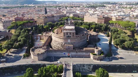 drone captures smooth descent over castel sant'angelo, revealing rome's skyline