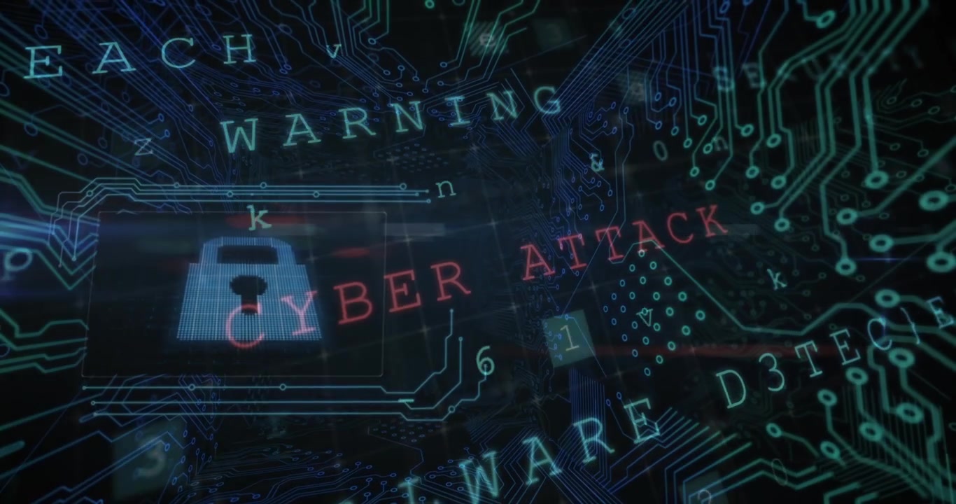 Animation of data processing, online security warning and circuit board