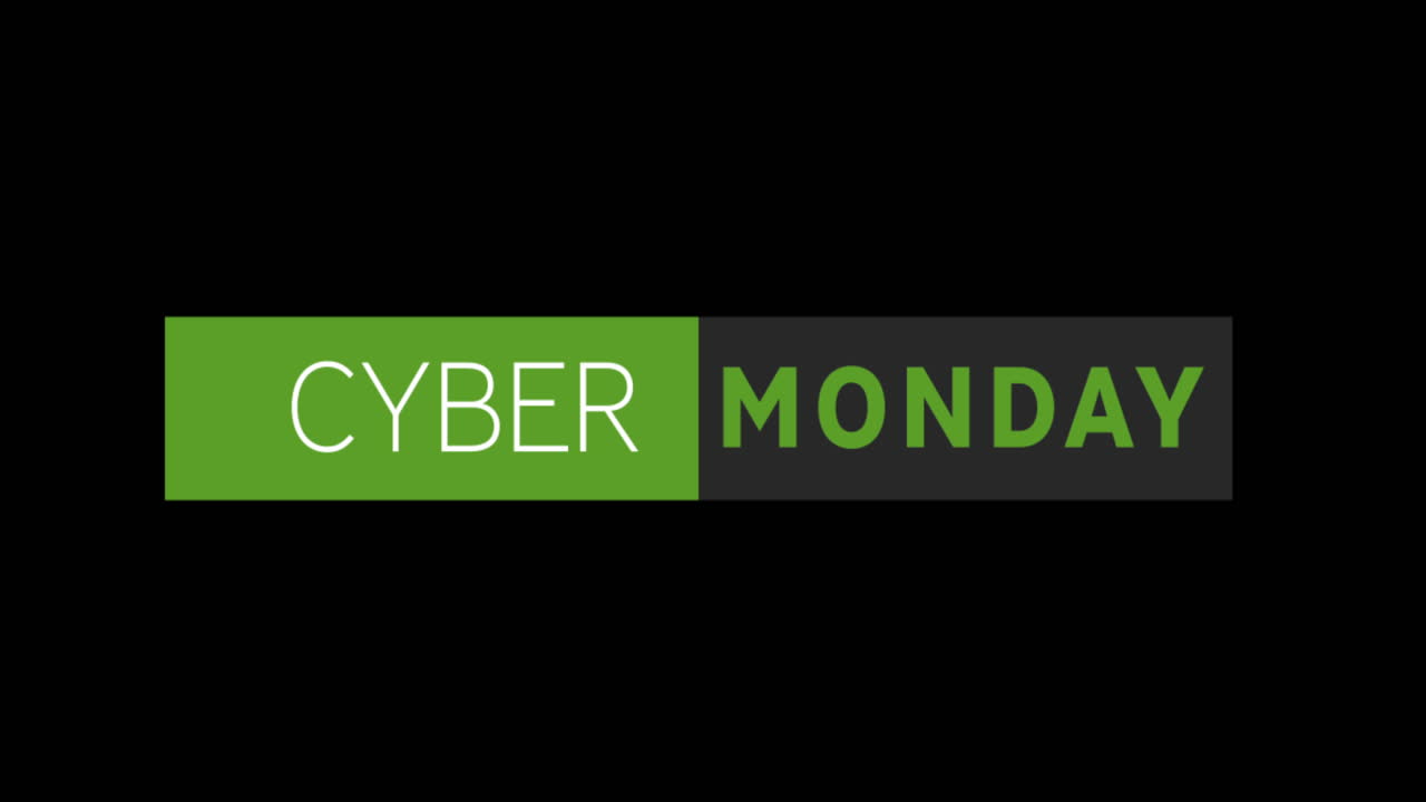 texto blanco y verde de cyber monday que aparece contra una pantalla negra