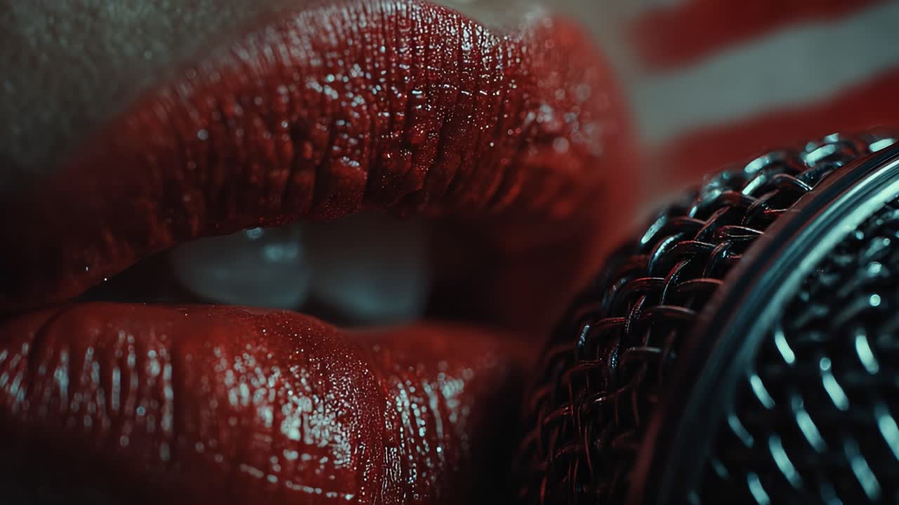 A Close-Up Shot of Glossy Red Lips Paired with a Microphone, Capturing the Intimacy and Drama of Vocal Performance in a Creative Artistic Style