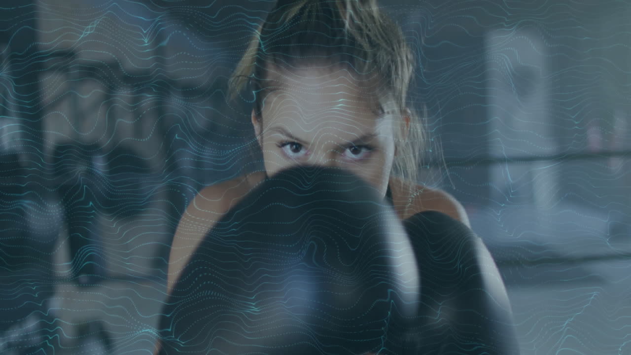 Boxing woman with digital wave animation overlaying scene in gym setting