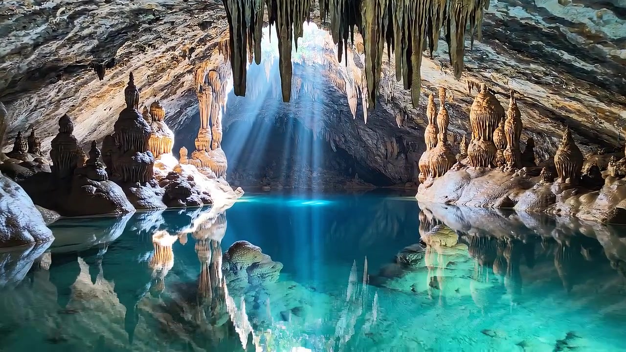 Rayons de soleil illuminant un lac bleu cristallin à l'intérieur d'une caverne