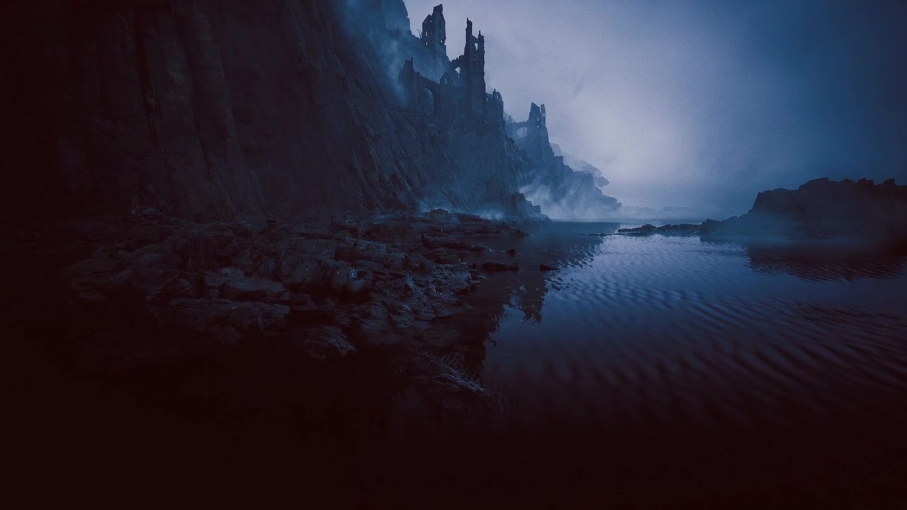 Haunting silhouette of castle in peaceful misty landscape scene
