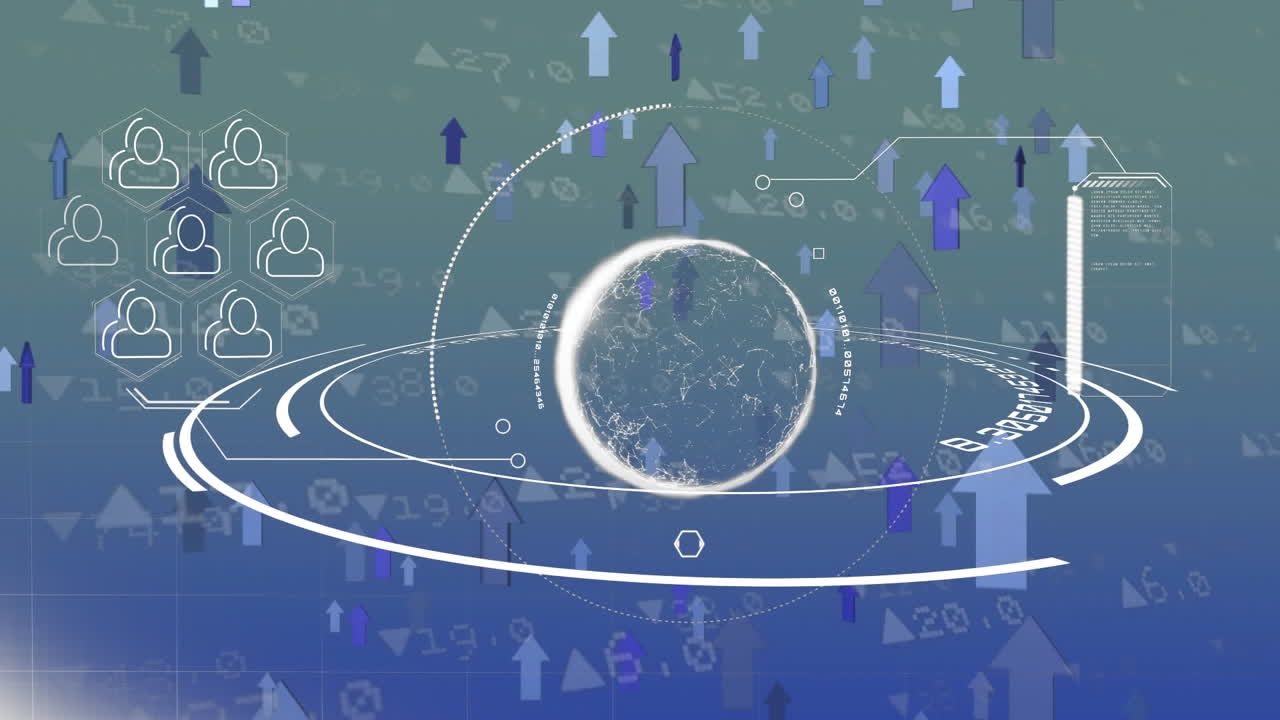 Animation of globe and arrows over data processing on blue background