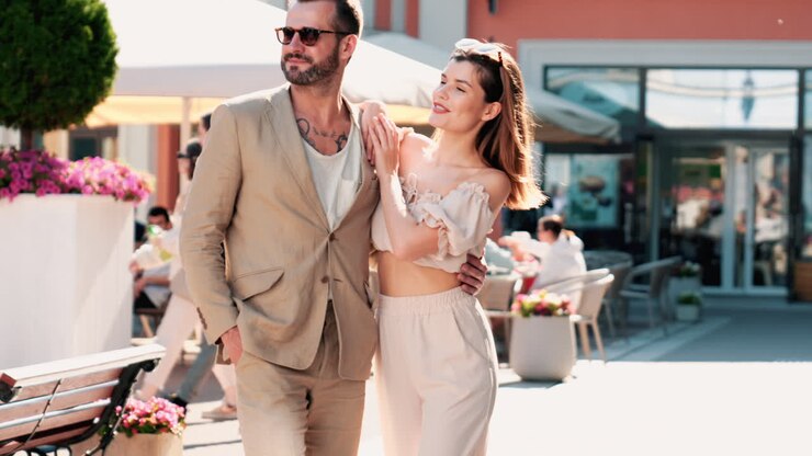 Couple walking in a city street