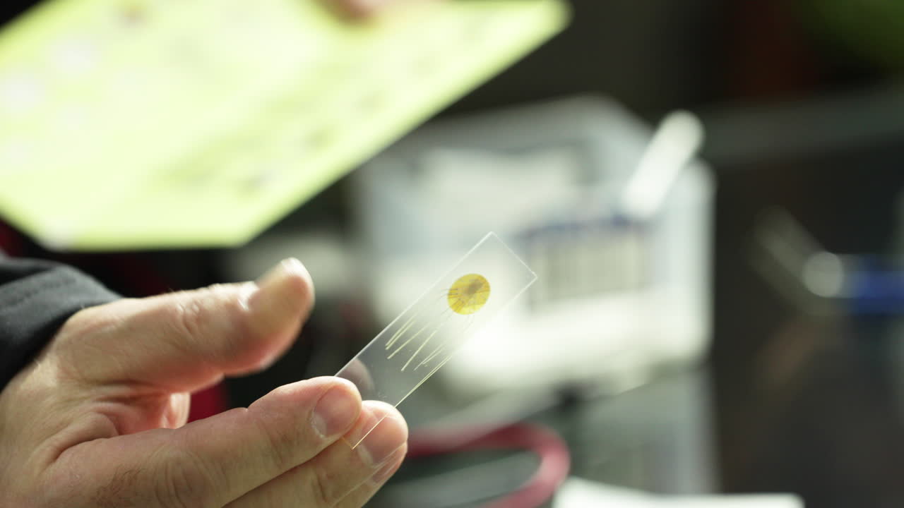 포르투갈 코임브라 대학의 압력 센서를 들고 있는 엔지니어 - 클로즈업