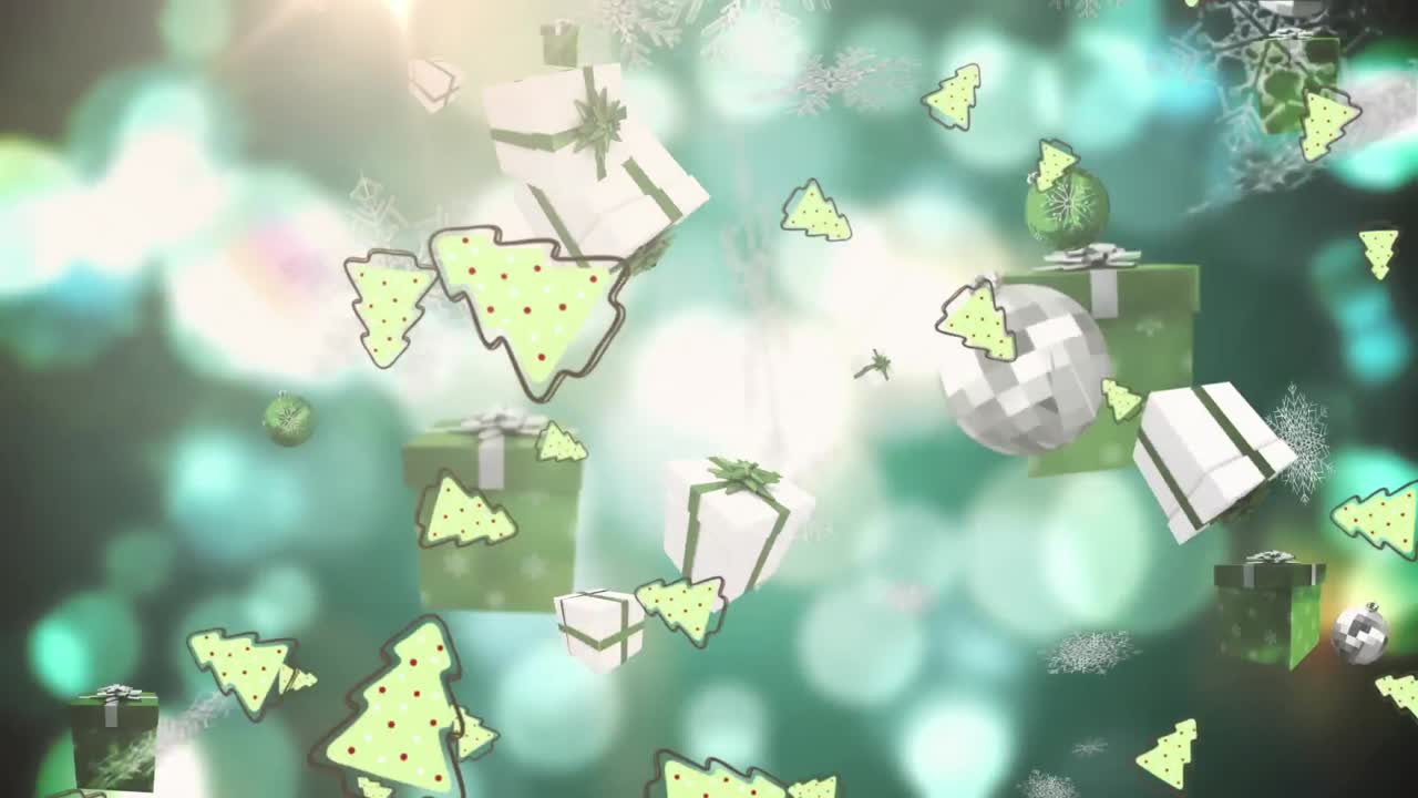 보케 녹색과  ⁇ 색의 불빛 위에 떨어지는 크리스마스 트리, 선물 및 보블의 애니메이션