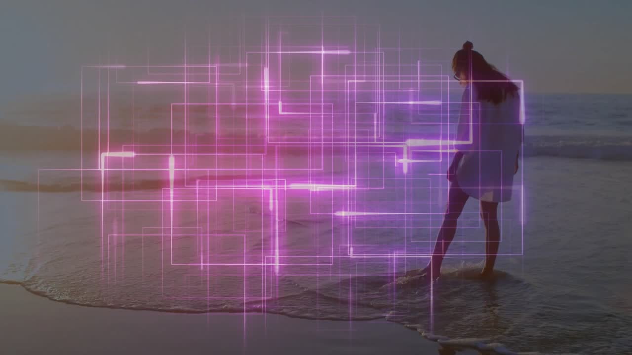 Woman stepping into sunset surf and initiating neon tech grid exploring circuitry patterns on water