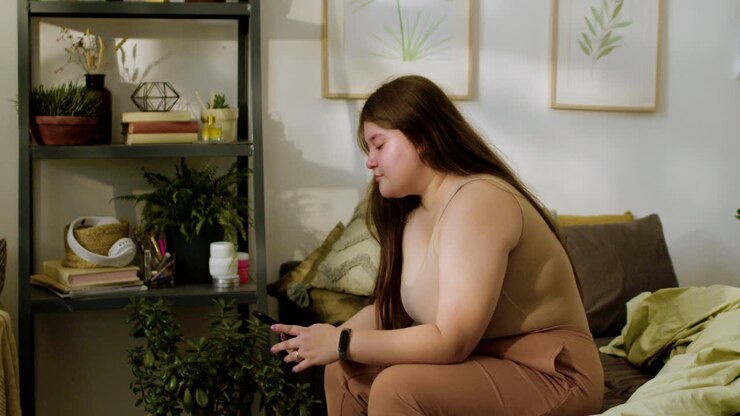 mulher jovem sentada na cama