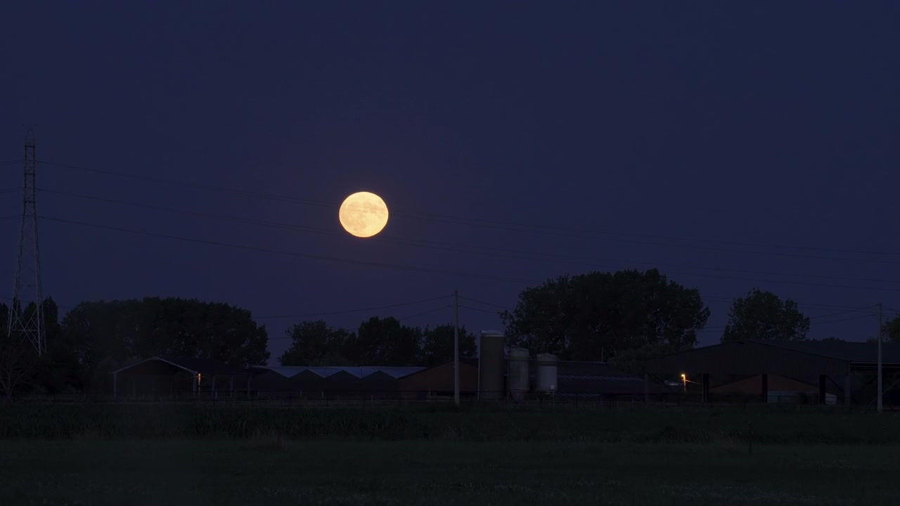 Strawberry Moon rising above a quiet rural landscape with silhouettes of trees and barns atmospheric lighting captivating scenes smooth motion cinematic quality
