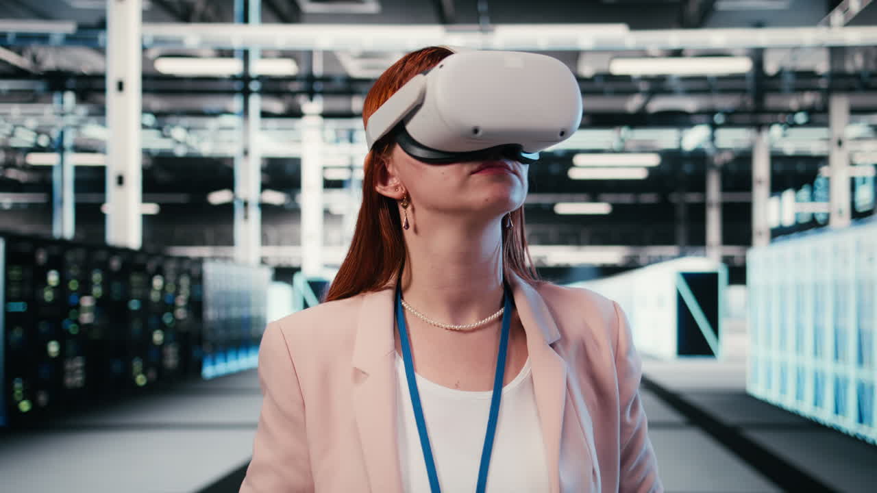 Professional Woman Using Virtual Reality Headset in Server Room