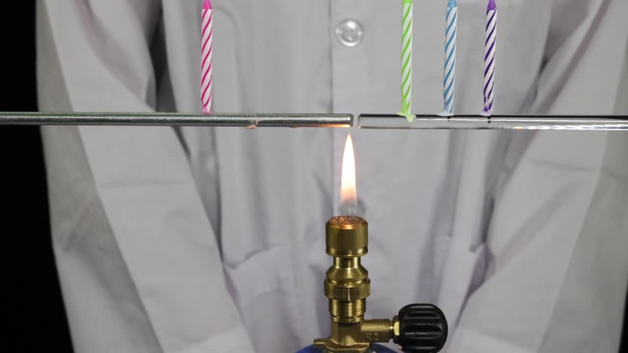La fiamma di un bruciatore Bunsen riscalda un'asta di metallo orizzontale, provocando lo scioglimento di piccole candele di compleanno.