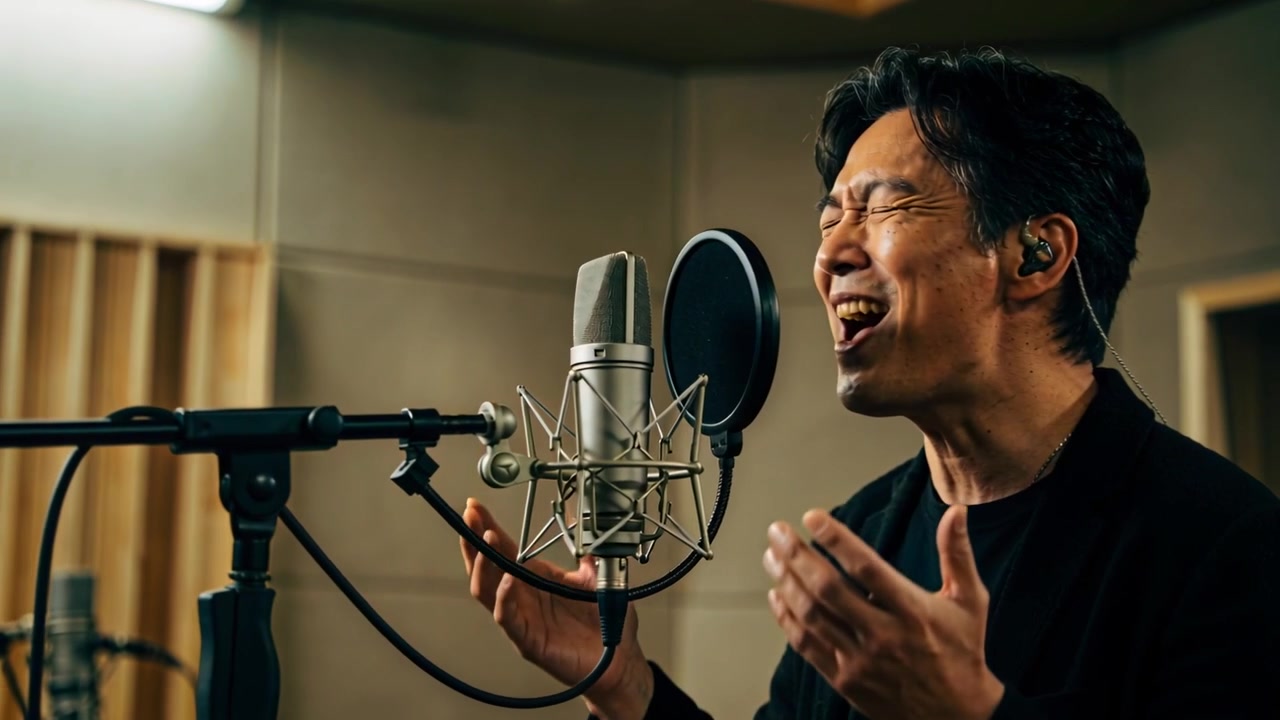 Registrazione in studio, cantante in giacca scura con auricolari in-ear che canta nel microfono, con filtro anti-pop.