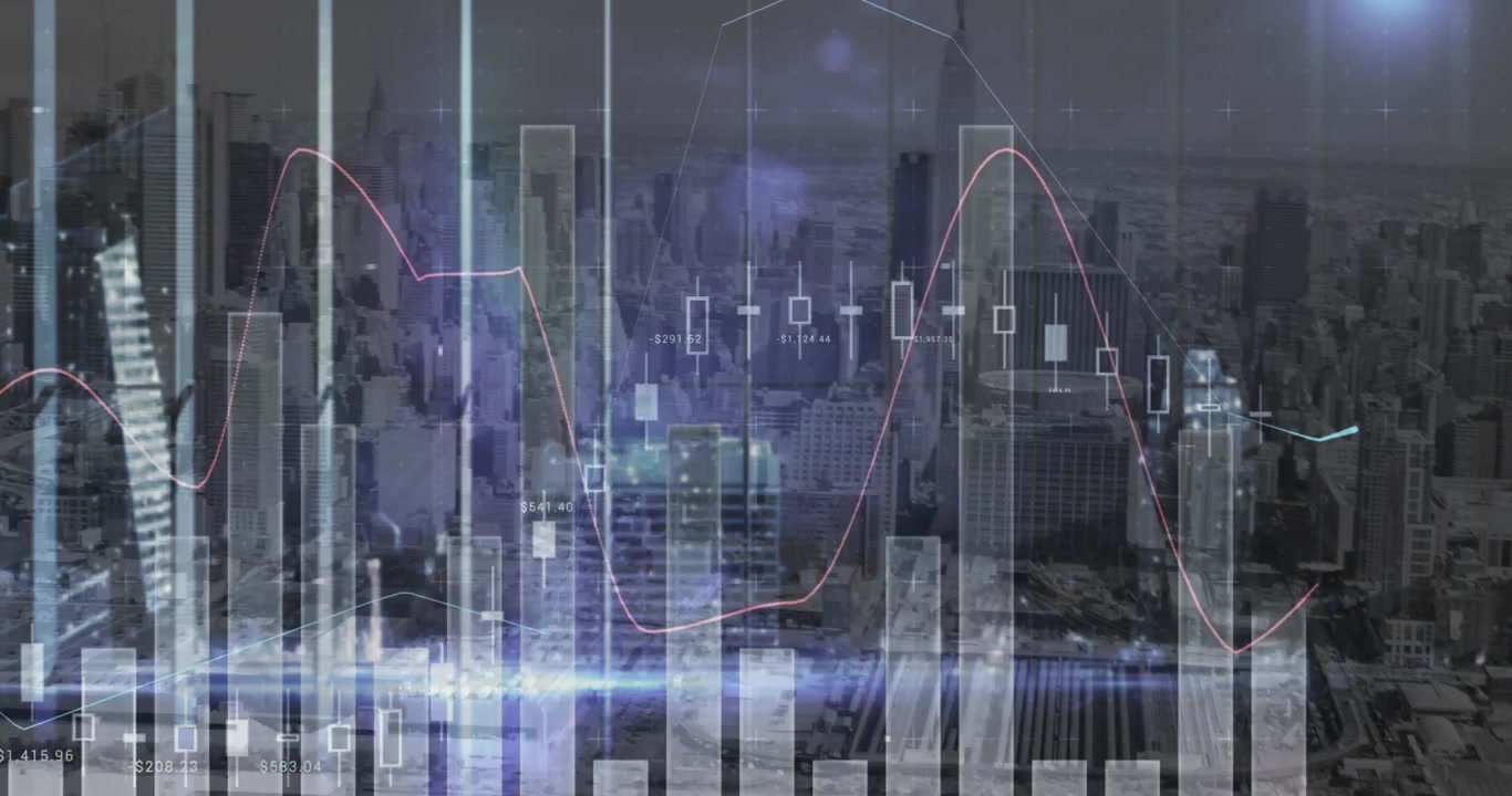 Animation of statistical data processing over aerial view of tall buildings
